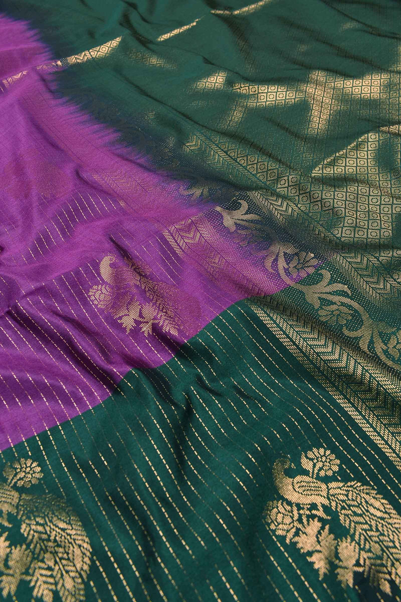 Violet Vairaoosi Lined Semi Soft Silk Contrast Green Pallu Saree