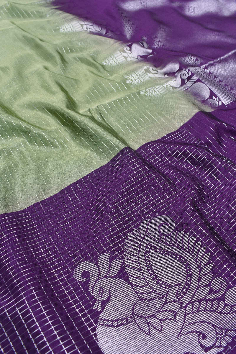 Green Semi Soft Silk Contrast Violet Pallu Peacock Butta Saree