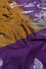 Mustard Semi Soft Silk Contrast Violet Pallu Peacock Butta Saree