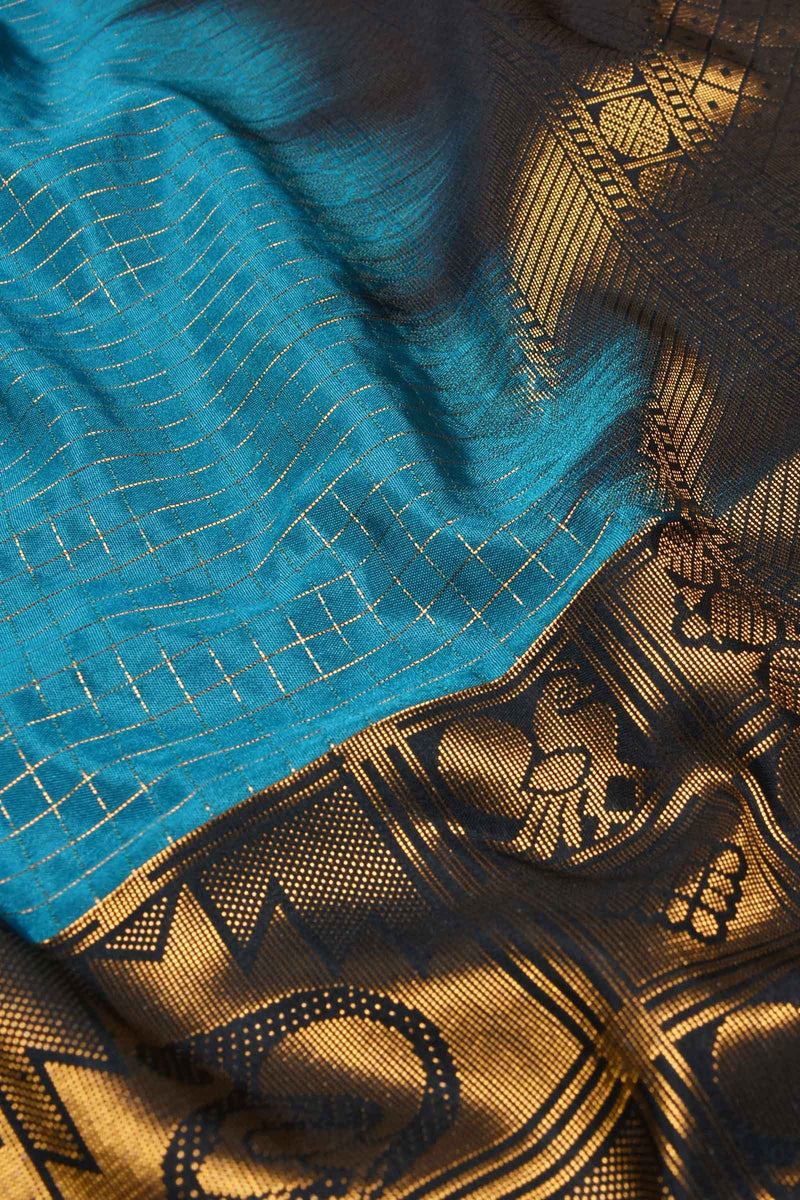 Blue Checkered Semi Soft Silk Contrast Black Gold Pallu Saree