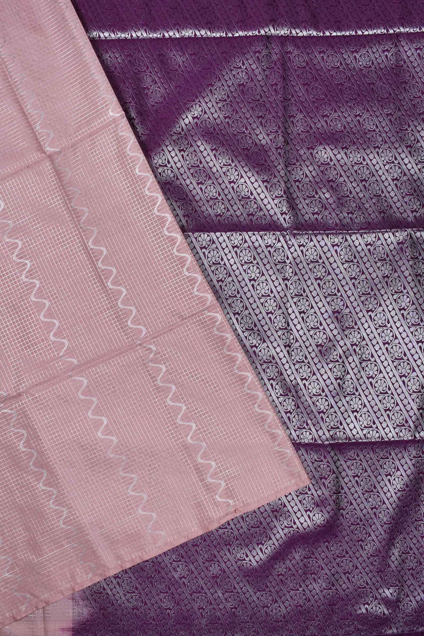 Pink Checkered Waves Semi Soft Silk  Contrast Violet Pallu Saree