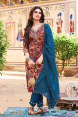 Red Cotton Printed Chudithar Dress Material Embroidery Neck Work Suit