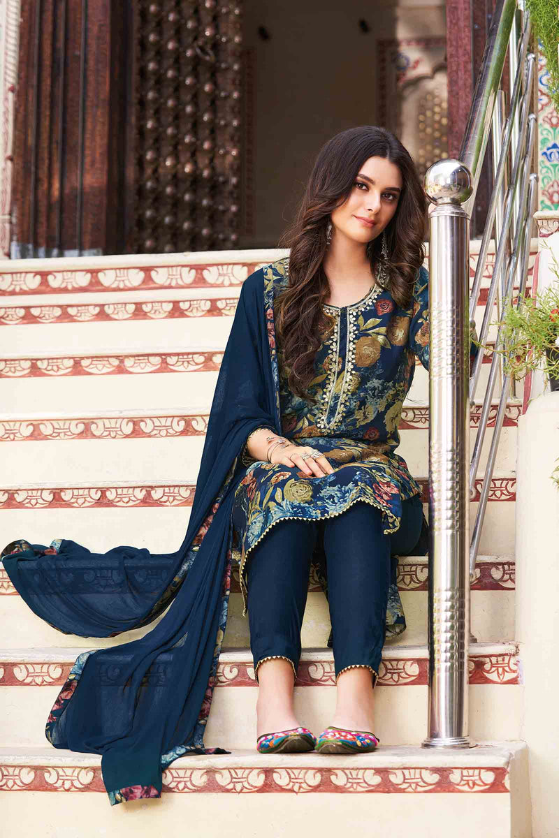 Blue Rayon Printed Chudithar Dress Material Suit