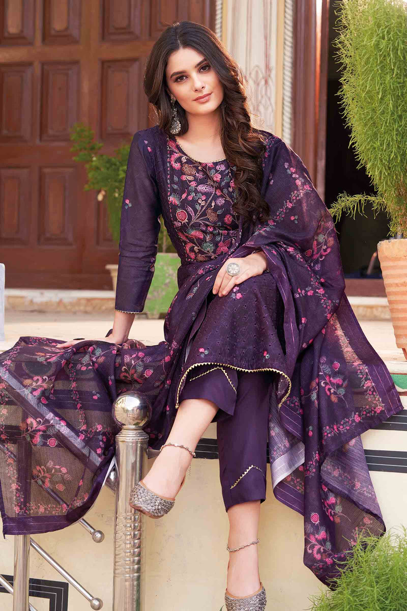 Dark Chanderi Embroidered Acoba Chudithar Dress Material Printed Dupatta Suit