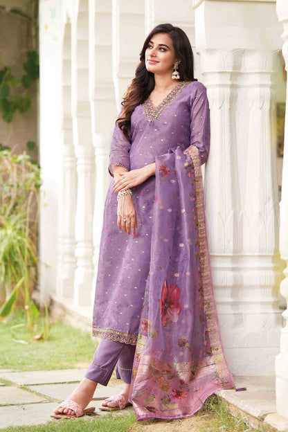 Light Violet Organza Jari Butta Chudithar Dress Material Printed Dupatta Suit