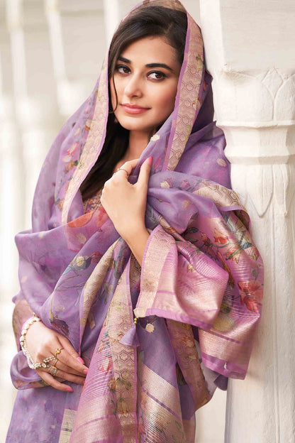 Light Violet Organza Jari Butta Chudithar Dress Material Printed Dupatta Suit