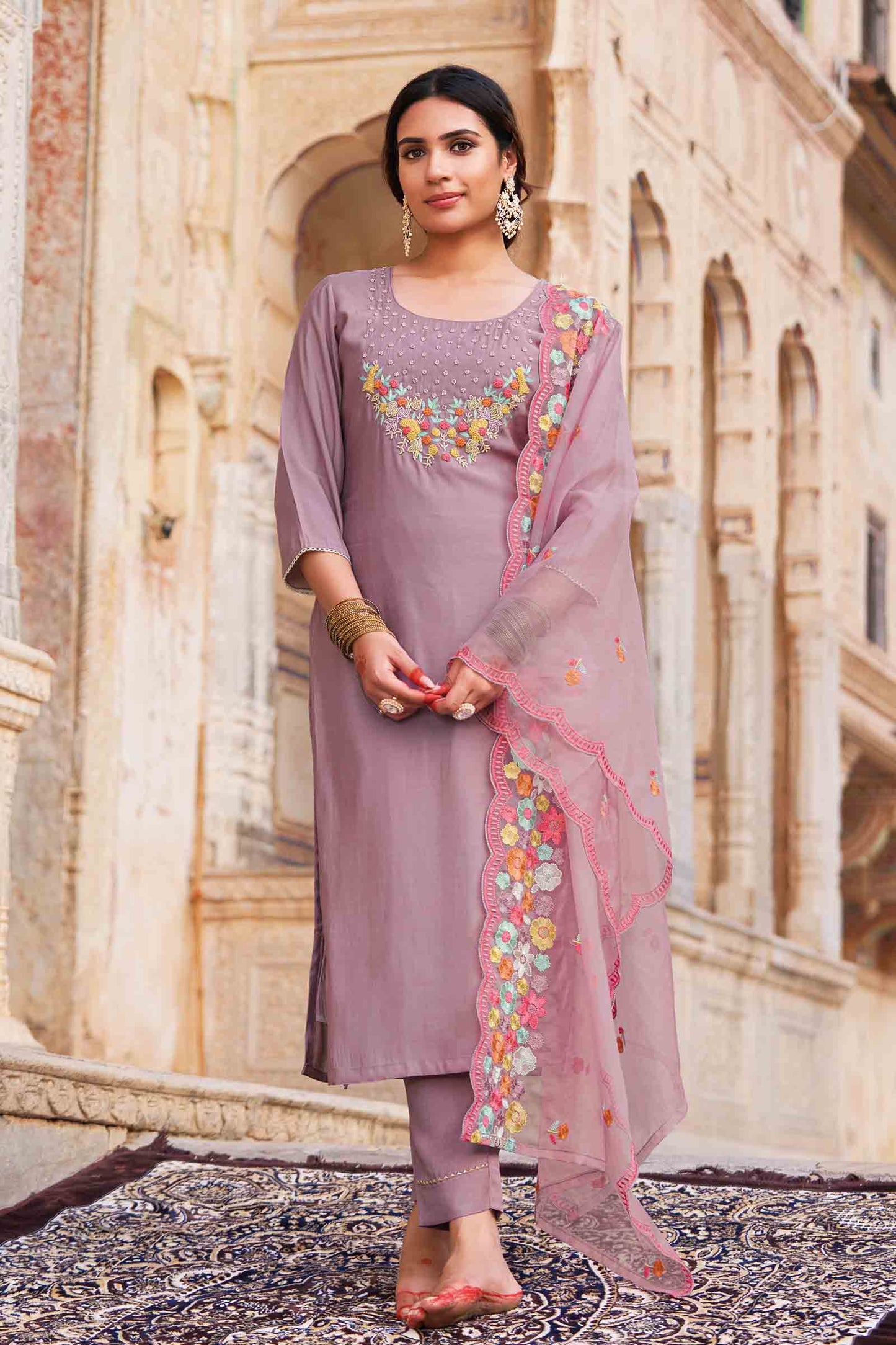 Light Violet Cotton Chudithar Dress Material Embroidered Dupatta Suit