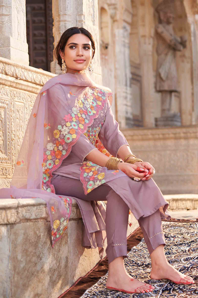 Light Violet Cotton Chudithar Dress Material Embroidered Dupatta Suit