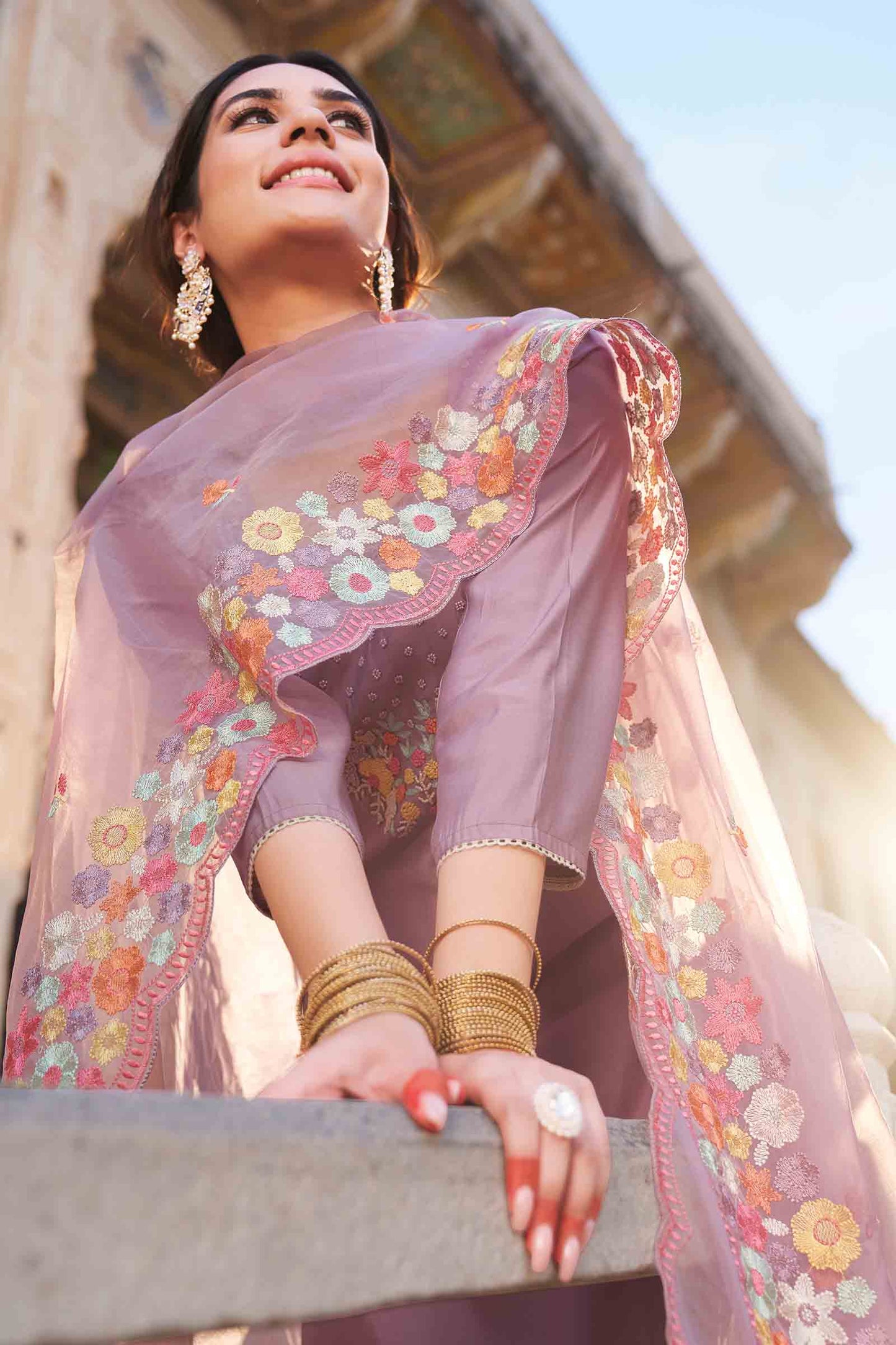 Light Violet Cotton Chudithar Dress Material Embroidered Dupatta Suit