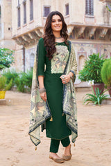 Green Cotton Chudithar Dress Material Printed Dupatta Suit