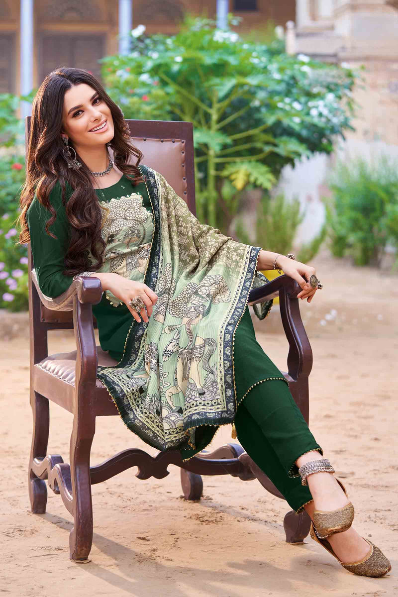 Green Cotton Chudithar Dress Material Printed Dupatta Suit