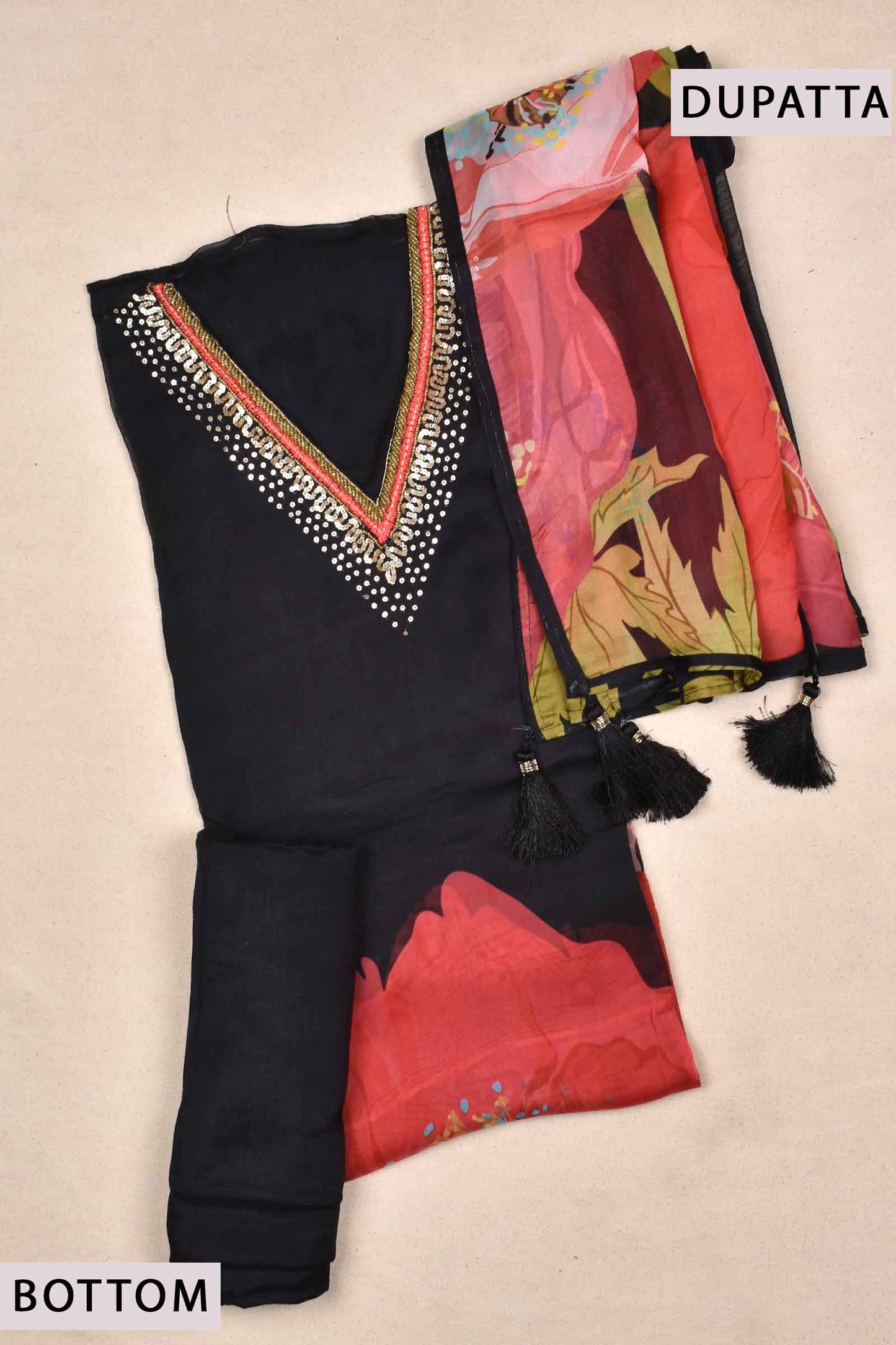 Black Chanderi Chudithar Dress Material Printed Dupatta Suit