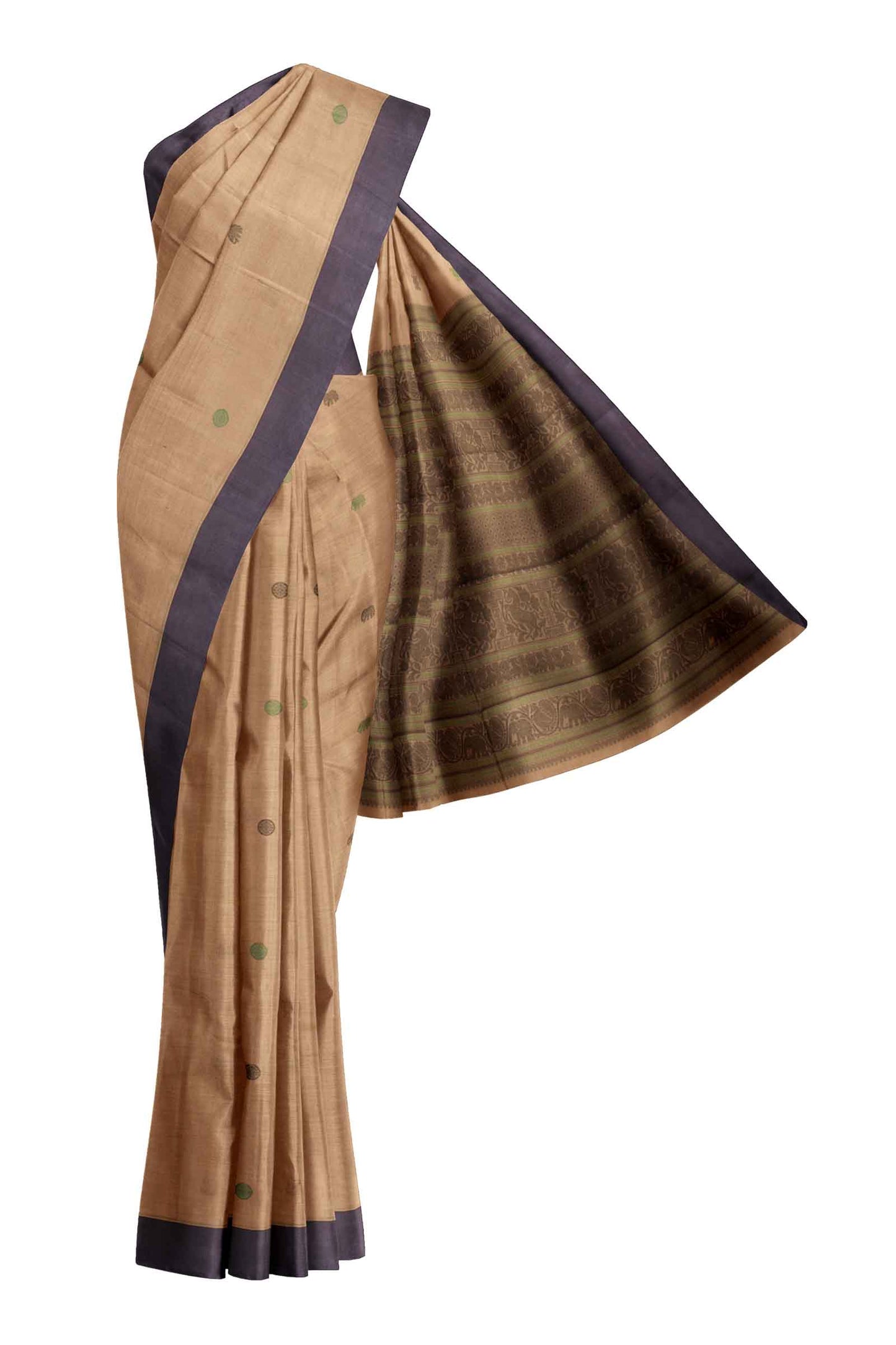 Brown Kanjivaram Pure Cotton Handloom Plain Border Elephant Butta Saree