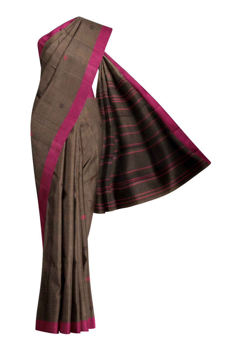 Grey Kanjivaram Pure Cotton Handloom Plain Border Small Butta Saree