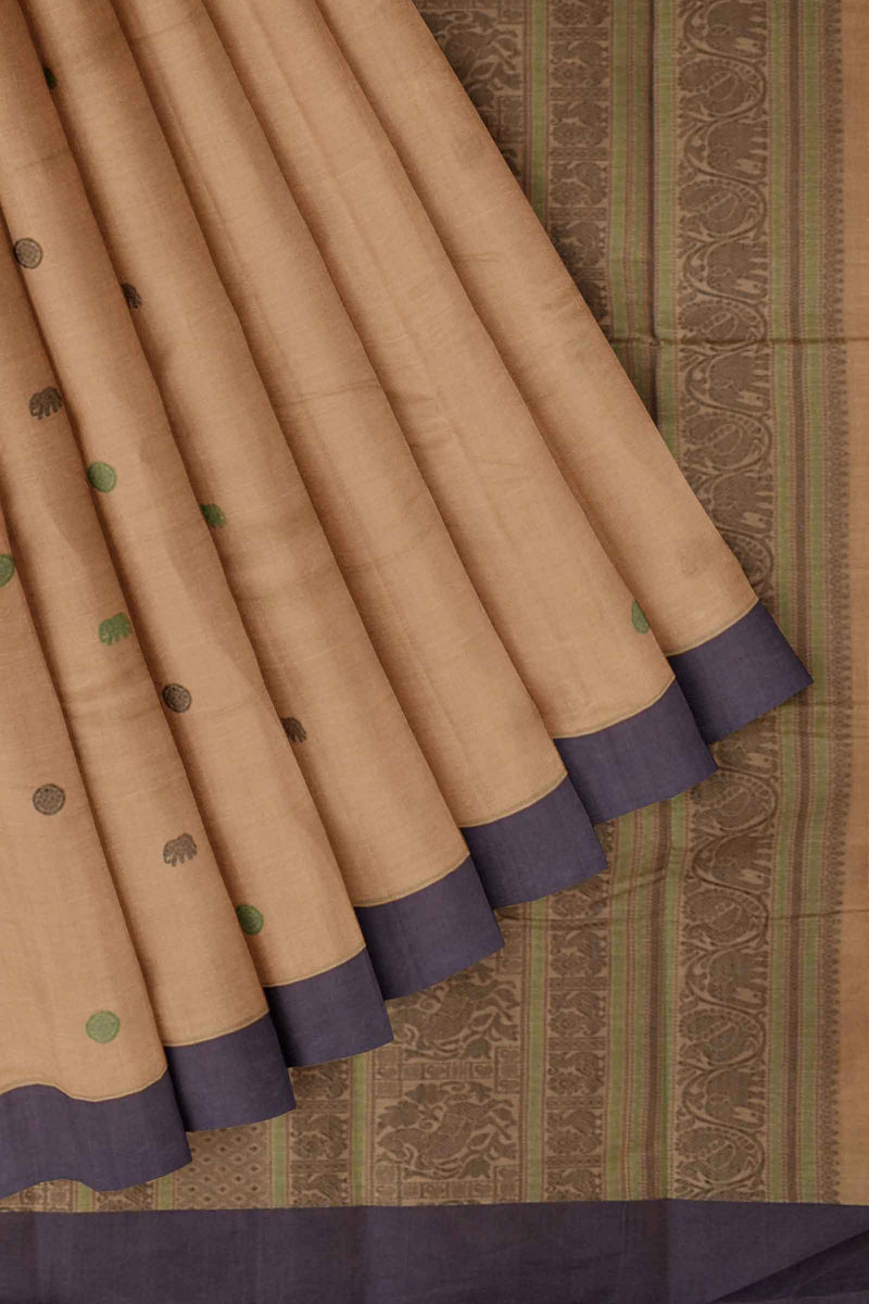 Brown Kanjivaram Pure Cotton Handloom Plain Border Elephant Butta Saree