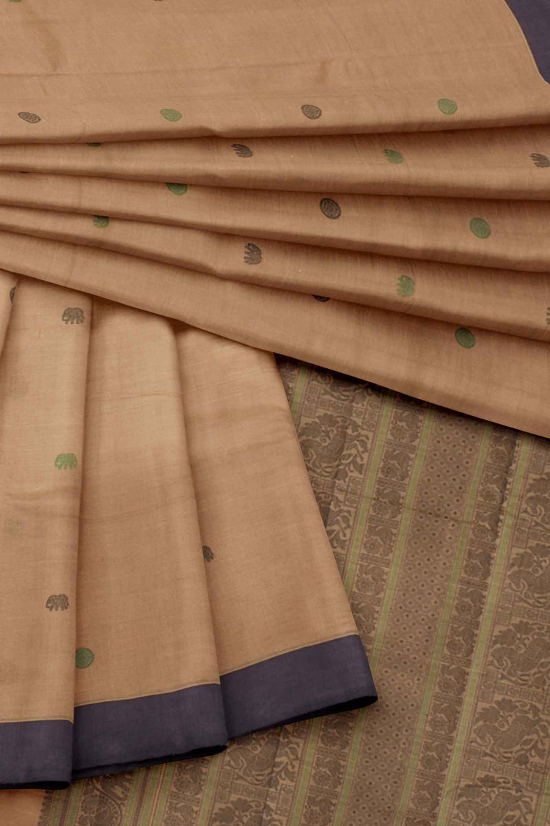 Brown Kanjivaram Pure Cotton Handloom Plain Border Elephant Butta Saree