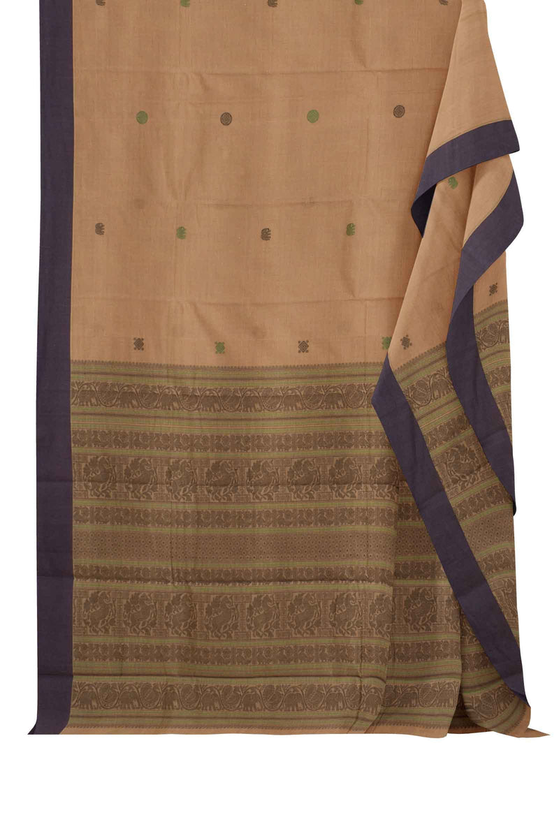 Brown Kanjivaram Pure Cotton Handloom Plain Border Elephant Butta Saree