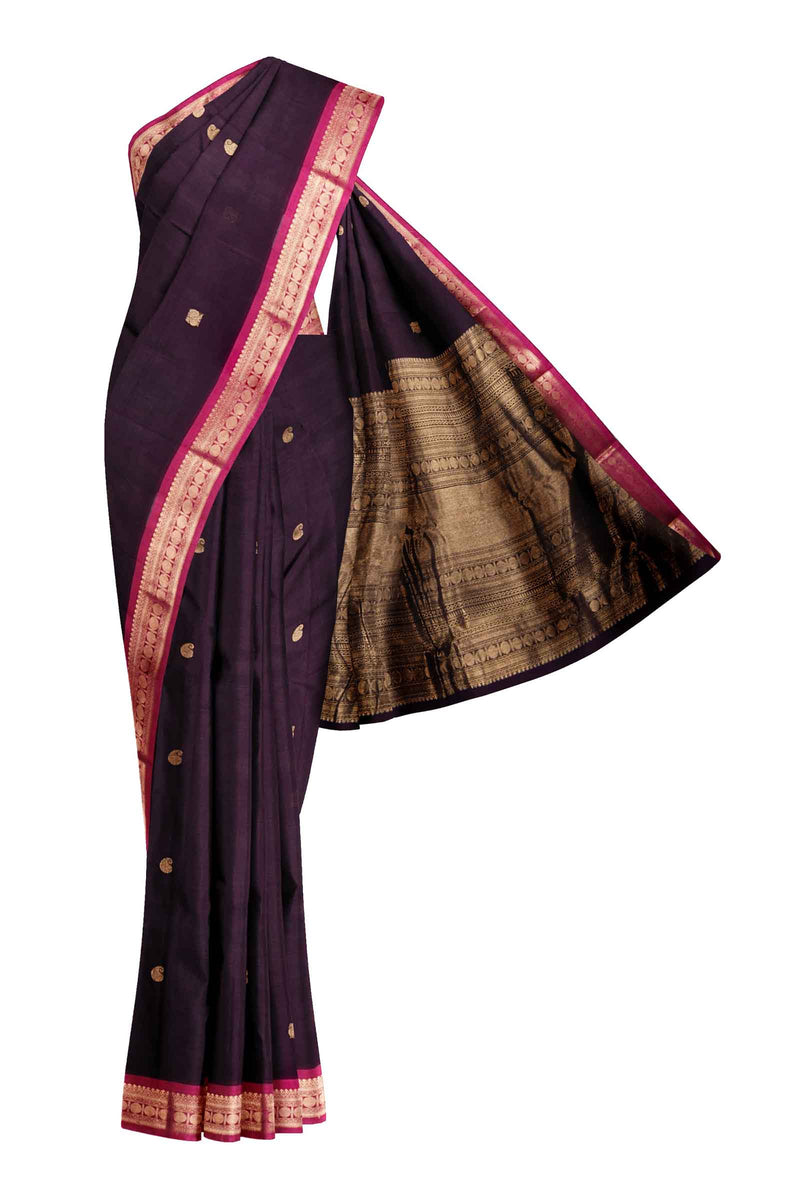 Dark Violet Kanjivaram Pure Cotton Handloom Rudraksh Border Peacock Butta Saree