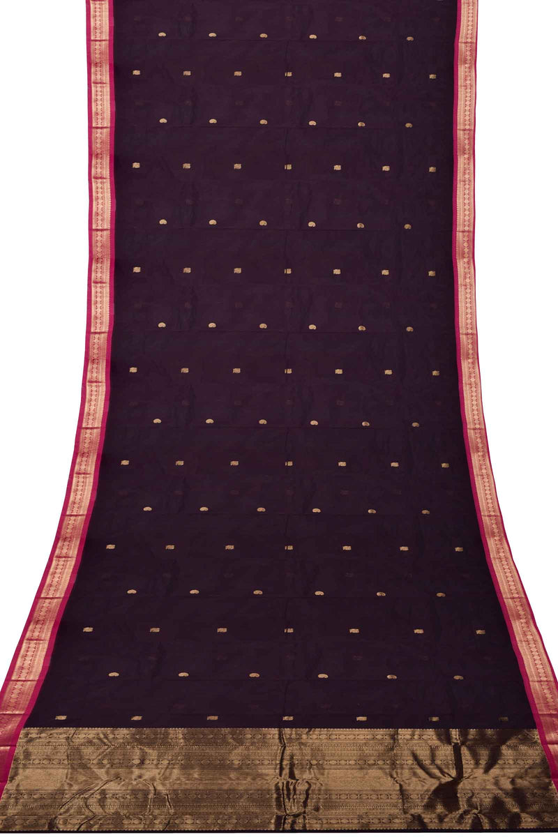 Dark Violet Kanjivaram Pure Cotton Handloom Rudraksh Border Peacock Butta Saree