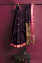 Dark Violet Kanjivaram Pure Cotton Handloom Rudraksh Border Peacock Butta Saree