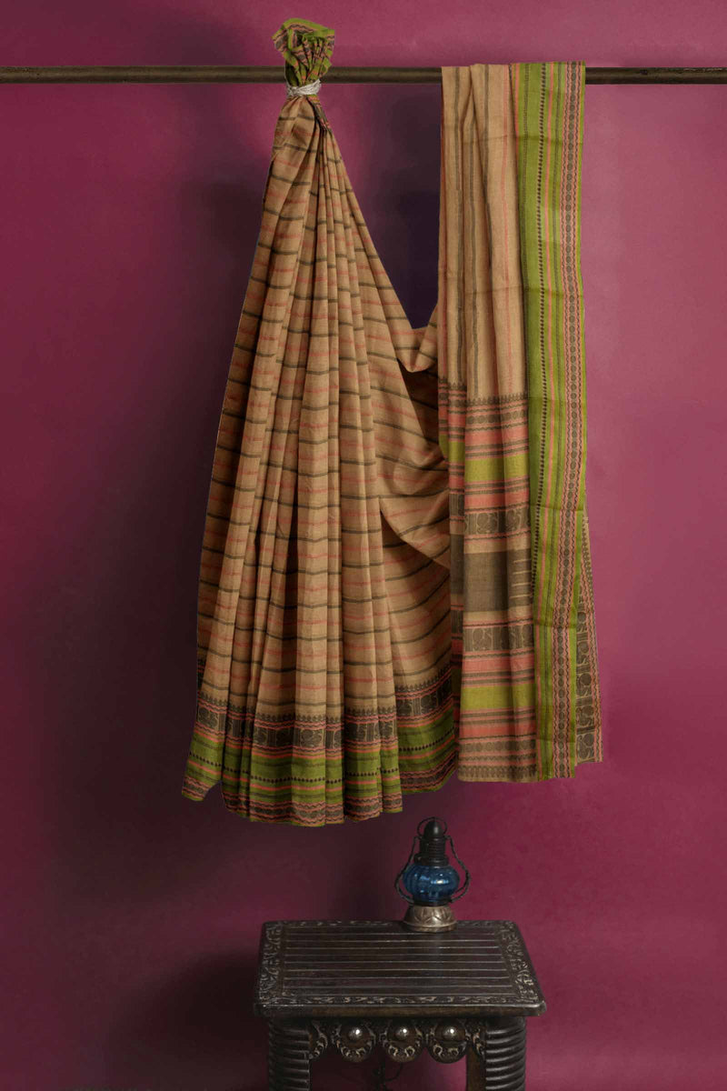 Light Brown Kanjivaram Pure Cotton Handloom Veldhari Style Body Border Saree