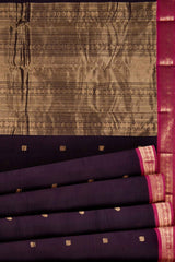 Dark Violet Kanjivaram Pure Cotton Handloom Rudraksh Border Peacock Butta Saree