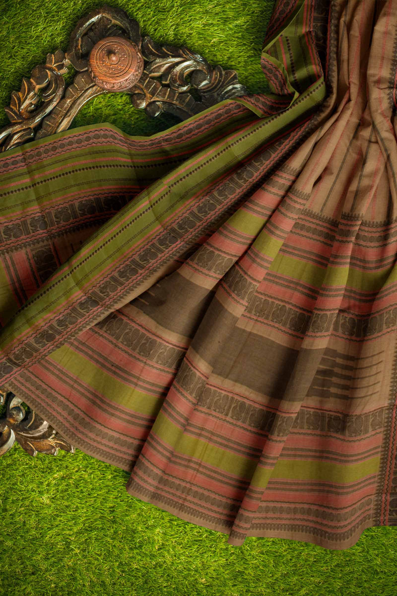 Light Brown Kanjivaram Pure Cotton Handloom Veldhari Style Body Border Saree