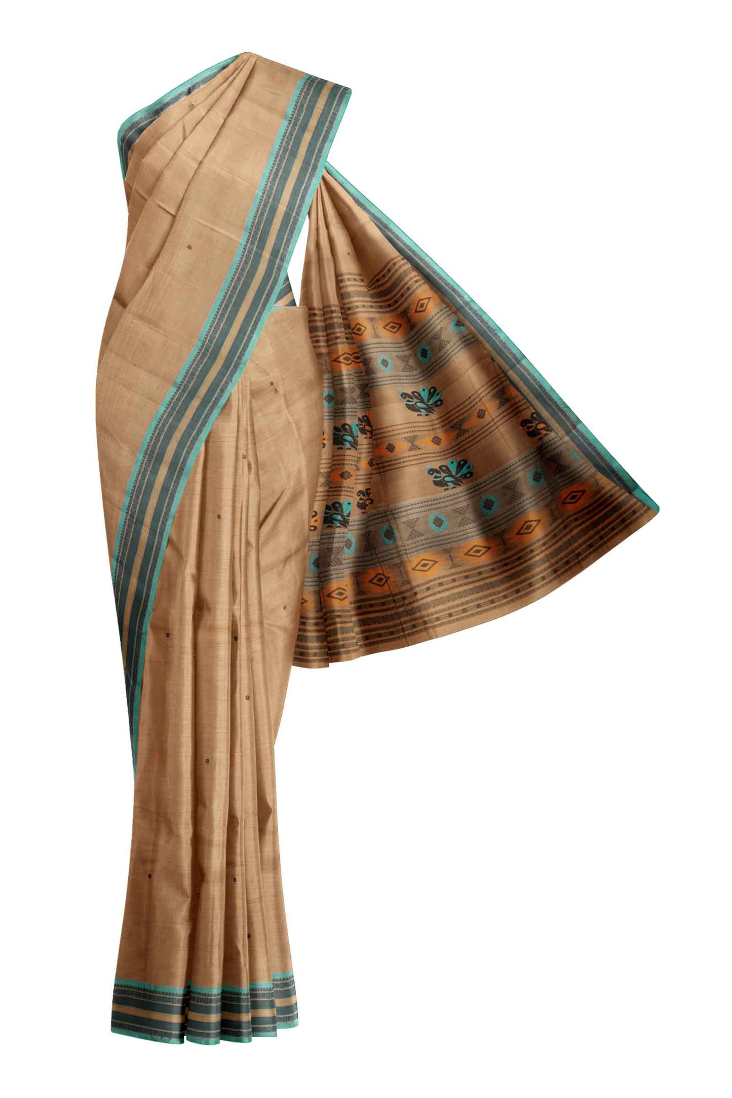 Light Brown Kanjivaram Pure Cotton Handloom Bomkai  Pallu Saree