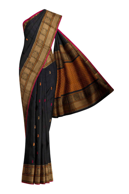 Black Kanjivaram Pure Cotton Handloom Multicolor Paisely Butta Saree