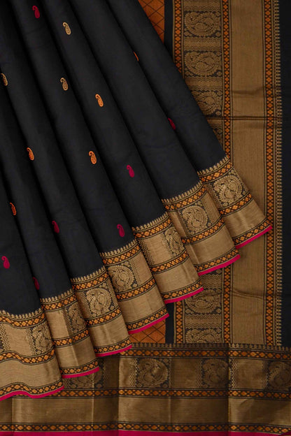 Black Kanjivaram Pure Cotton Handloom Multicolor Paisely Butta Saree