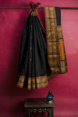 Black Kanjivaram Pure Cotton Handloom Multicolor Paisely Butta Saree