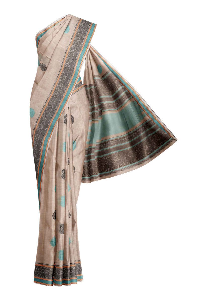 Off White Kanjivaram Pure Cotton Handloom Yazhi Butta Border Saree