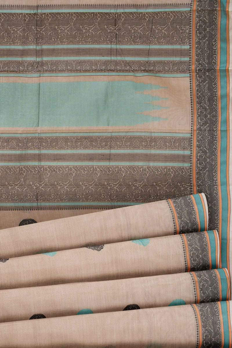 Off White Kanjivaram Pure Cotton Handloom Yazhi Butta Border Saree