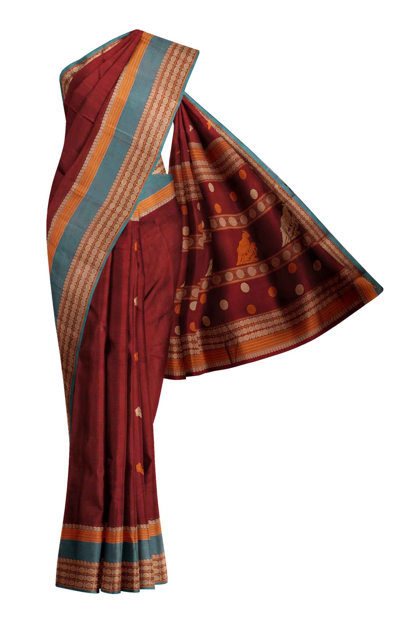 Maroon  Kanjivaram Pure Cotton Handloom Rudraksh Border Kutrala Kuravanji Parrot Pallu Saree