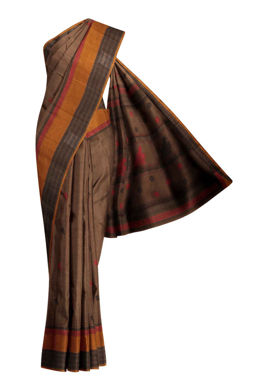 Brown Kanjivaram Pure Cotton Handloom Rudraksh Border Kutrala Kuravanji Parrot Pallu Saree