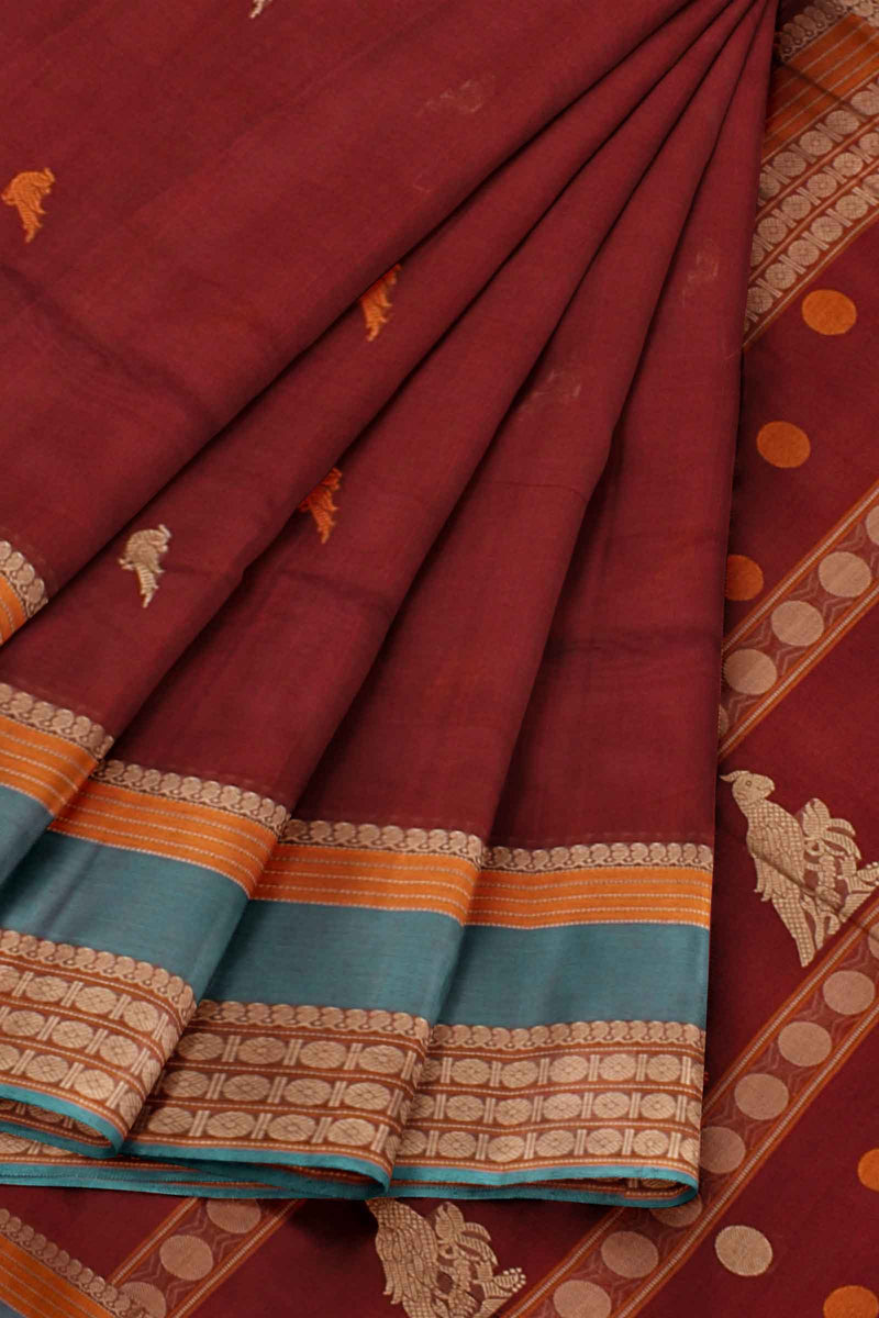 Maroon  Kanjivaram Pure Cotton Handloom Rudraksh Border Kutrala Kuravanji Parrot Pallu Saree