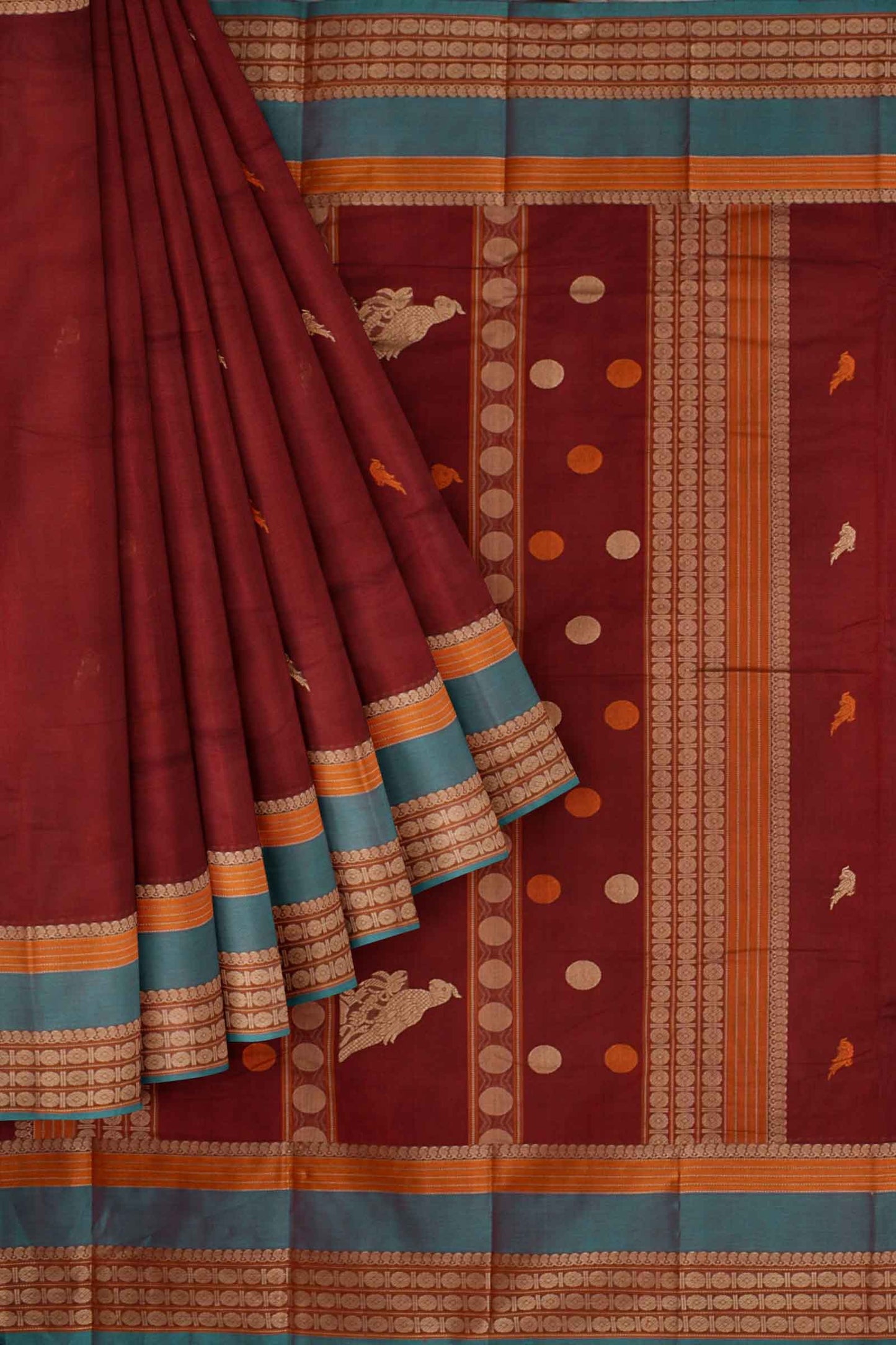 Maroon  Kanjivaram Pure Cotton Handloom Rudraksh Border Kutrala Kuravanji Parrot Pallu Saree