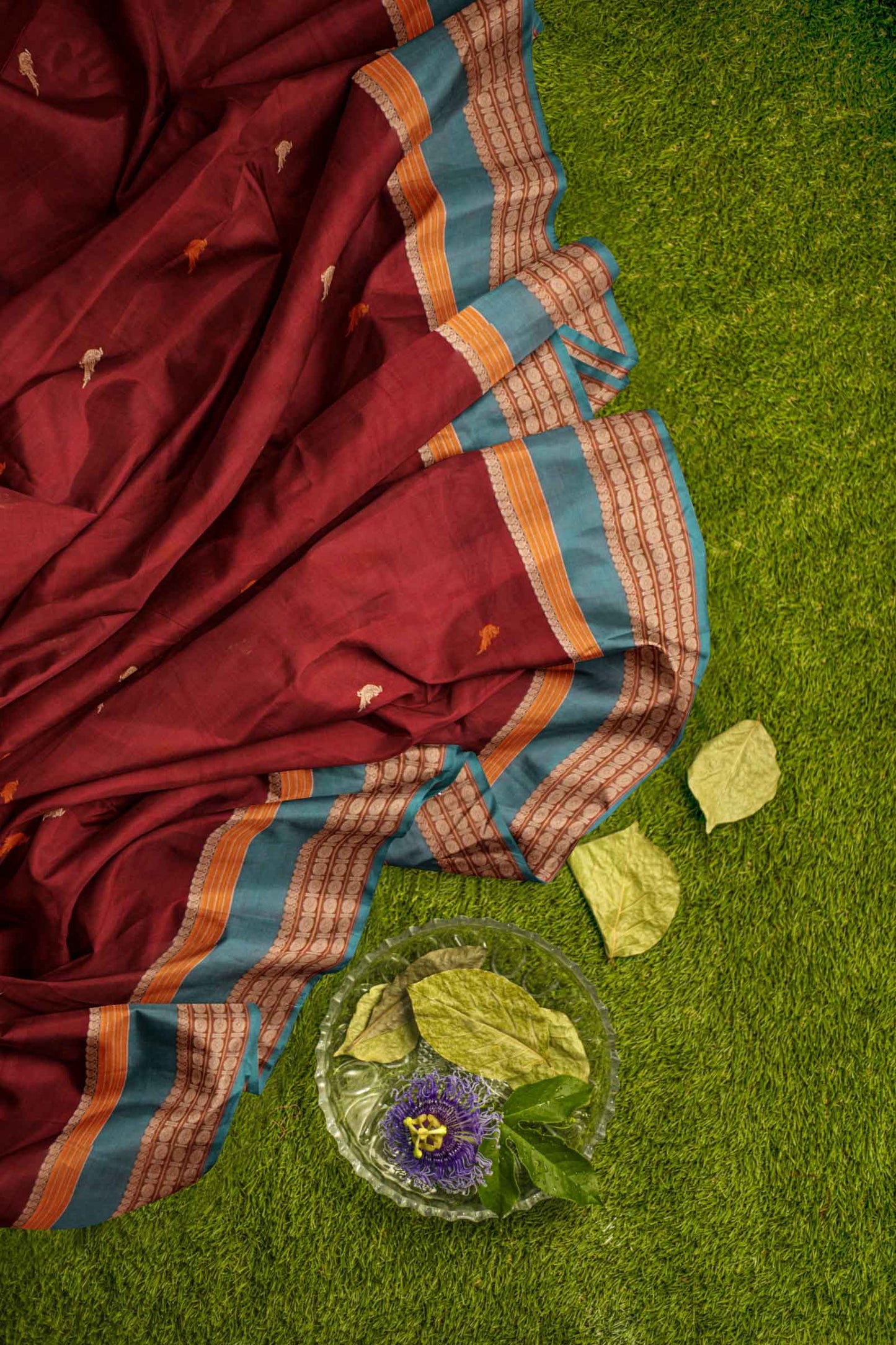 Maroon  Kanjivaram Pure Cotton Handloom Rudraksh Border Kutrala Kuravanji Parrot Pallu Saree