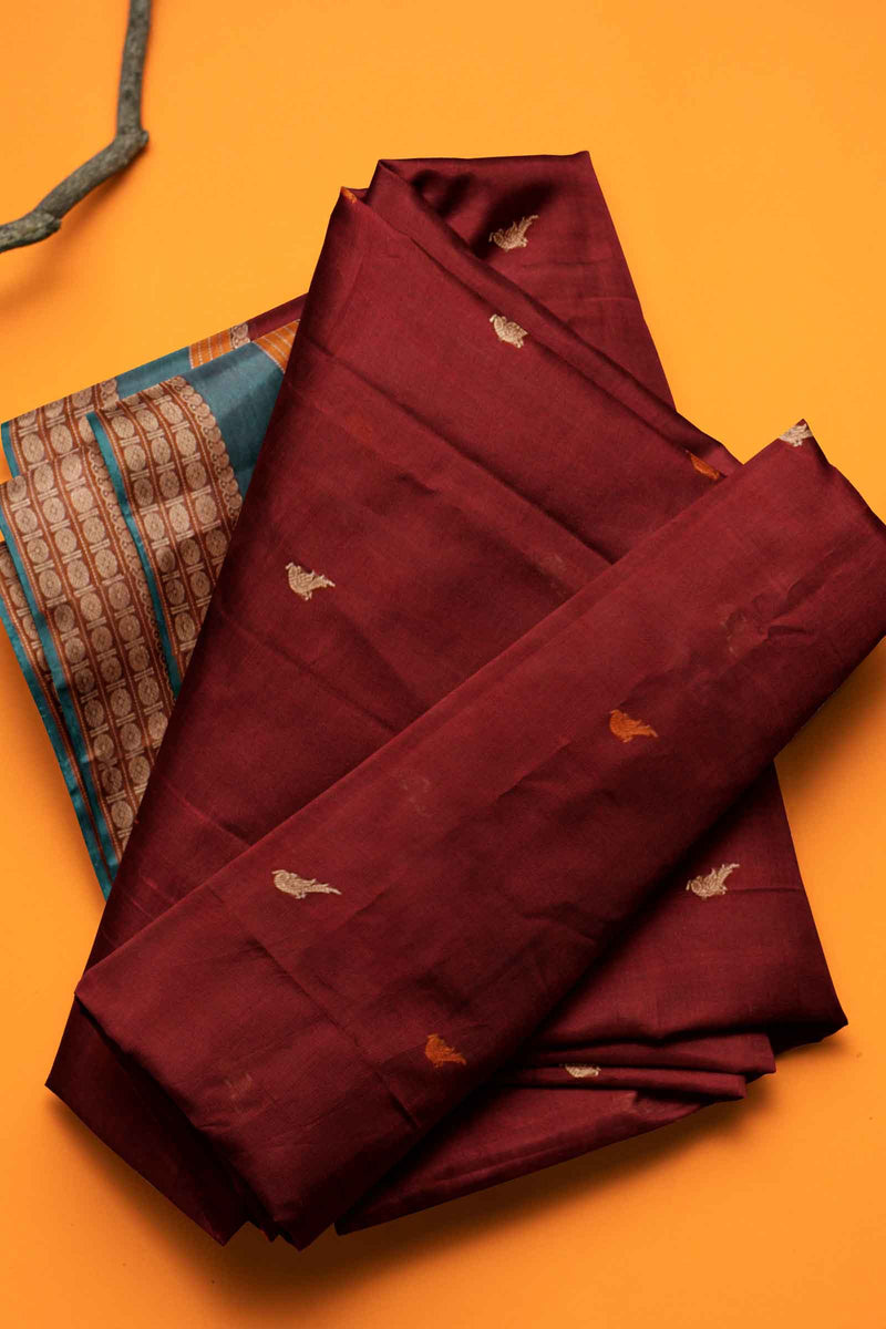 Maroon  Kanjivaram Pure Cotton Handloom Rudraksh Border Kutrala Kuravanji Parrot Pallu Saree