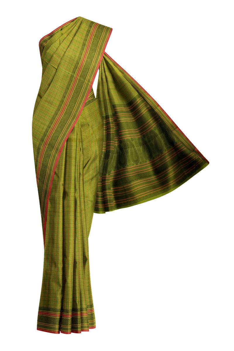 Green Kanjivaram Pure Cotton Handloom Paisely Pallu Lakshadeepam Style Saree