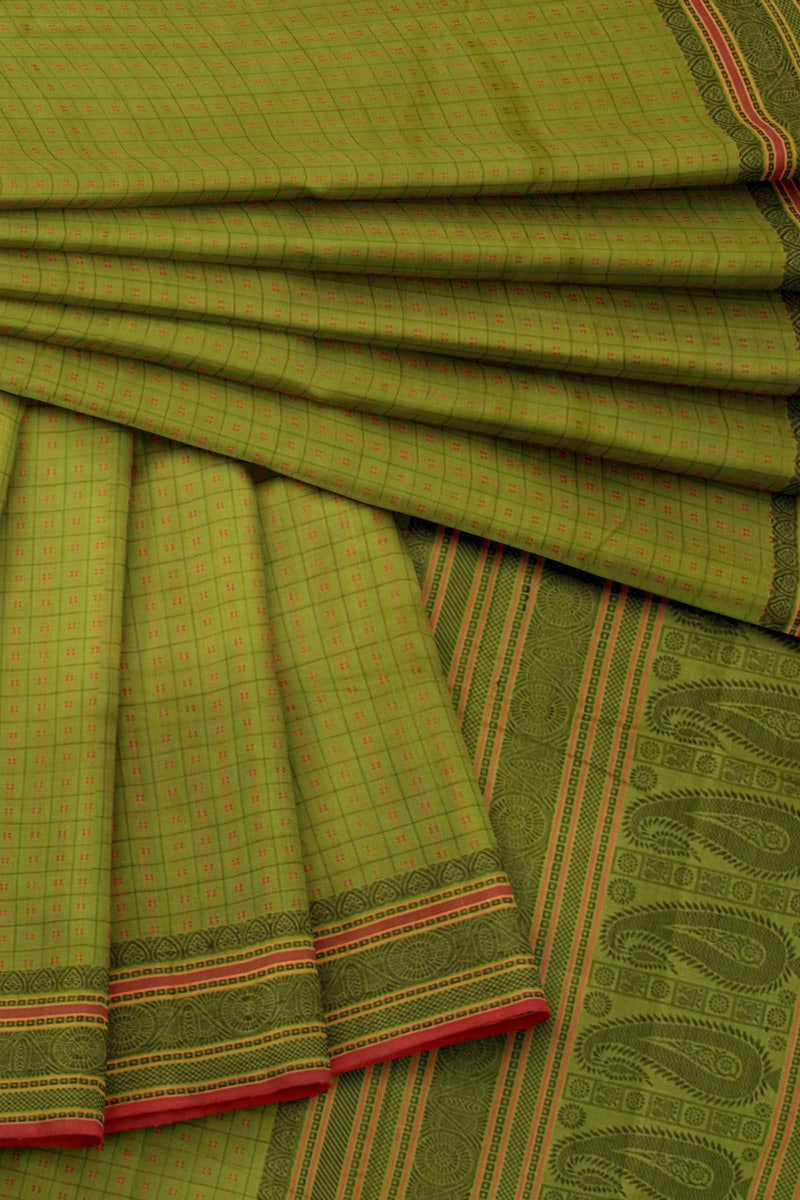 Green Kanjivaram Pure Cotton Handloom Paisely Pallu Lakshadeepam Style Saree