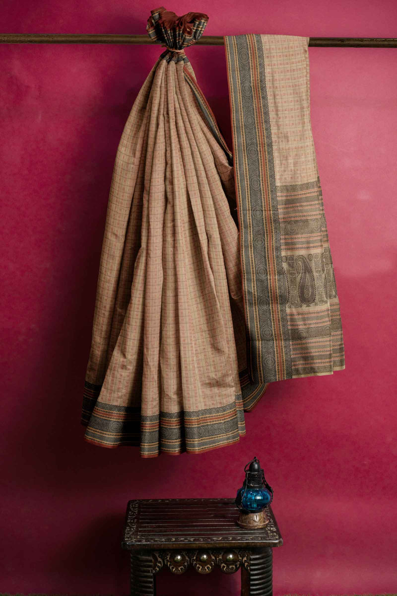 Sandal Kanjivaram Pure Cotton Handloom Paisely Pallu Lakshadeepam Style Saree