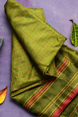 Green Kanjivaram Pure Cotton Handloom Paisely Pallu Lakshadeepam Style Saree