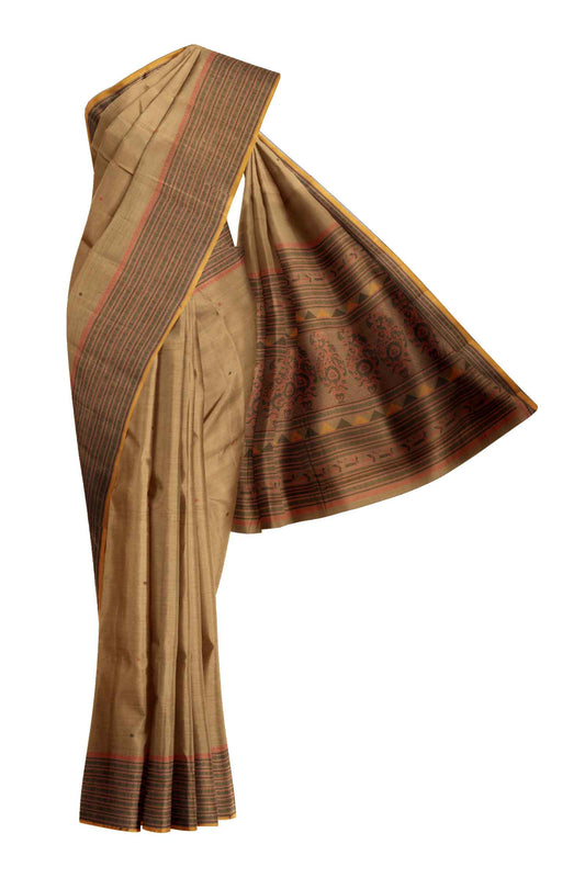 Light Brown Kanjivaram Pure Cotton Handloom Fish Pet Butta Border Saree