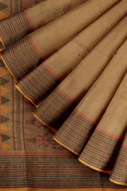 Light Brown Kanjivaram Pure Cotton Handloom Fish Pet Butta Border Saree