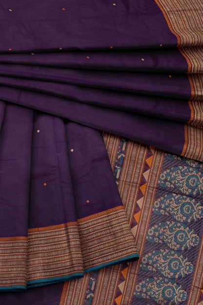 Violet Kanjivaram Pure Cotton Handloom Fish Pet Butta Border Saree