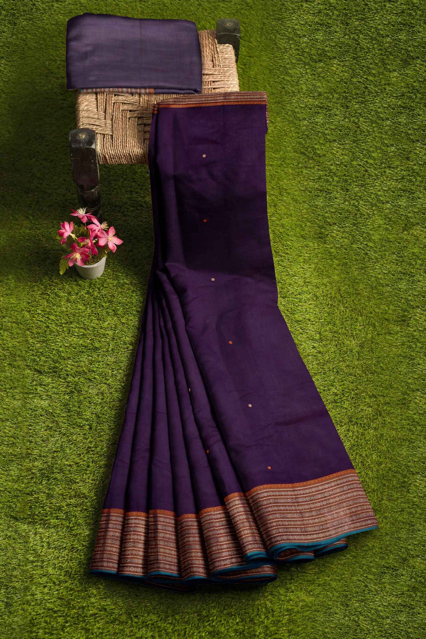 Violet Kanjivaram Pure Cotton Handloom Fish Pet Butta Border Saree