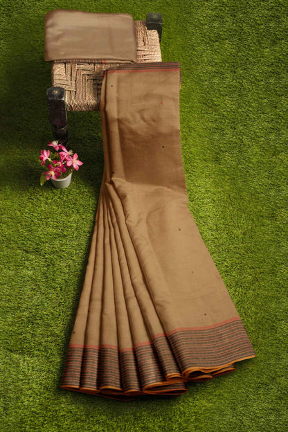 Light Brown Kanjivaram Pure Cotton Handloom Fish Pet Butta Border Saree