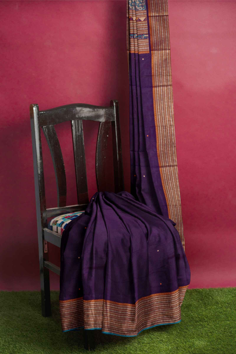 Violet Kanjivaram Pure Cotton Handloom Fish Pet Butta Border Saree