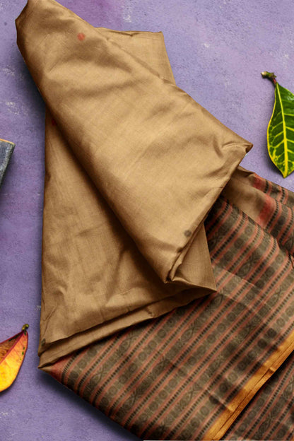 Light Brown Kanjivaram Pure Cotton Handloom Fish Pet Butta Border Saree